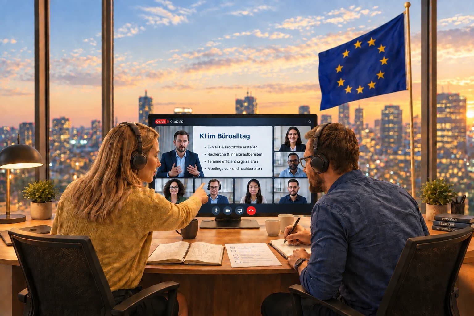 Live-Online-Workshop KI-Kompetenz EU AI Act mit zwei Teilnehmenden in Videokonferenz